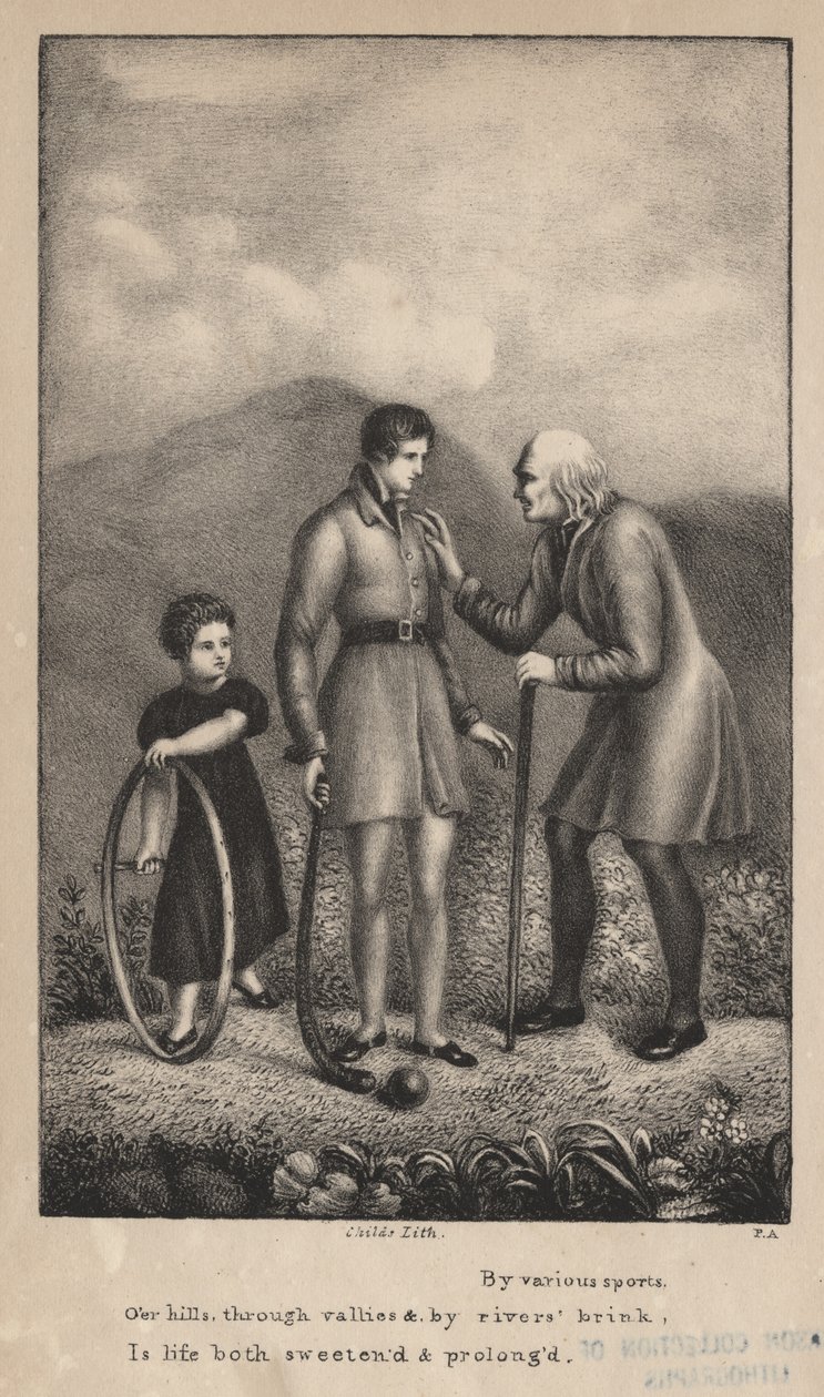 Par divers sports, sur les collines, à travers les vallées et au bord des rivières, la vie est à la fois adoucie et prolongée, lithographie par C.G. Childs - Pietro Ancora
