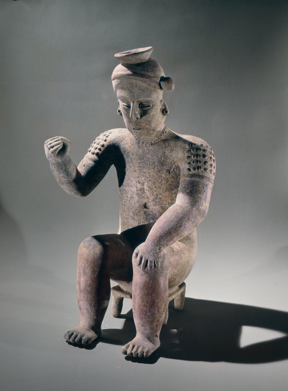 Vase effigie montrant un homme assis sur un petit tabouret, style Colima - Pre Columbian Pre Columbian