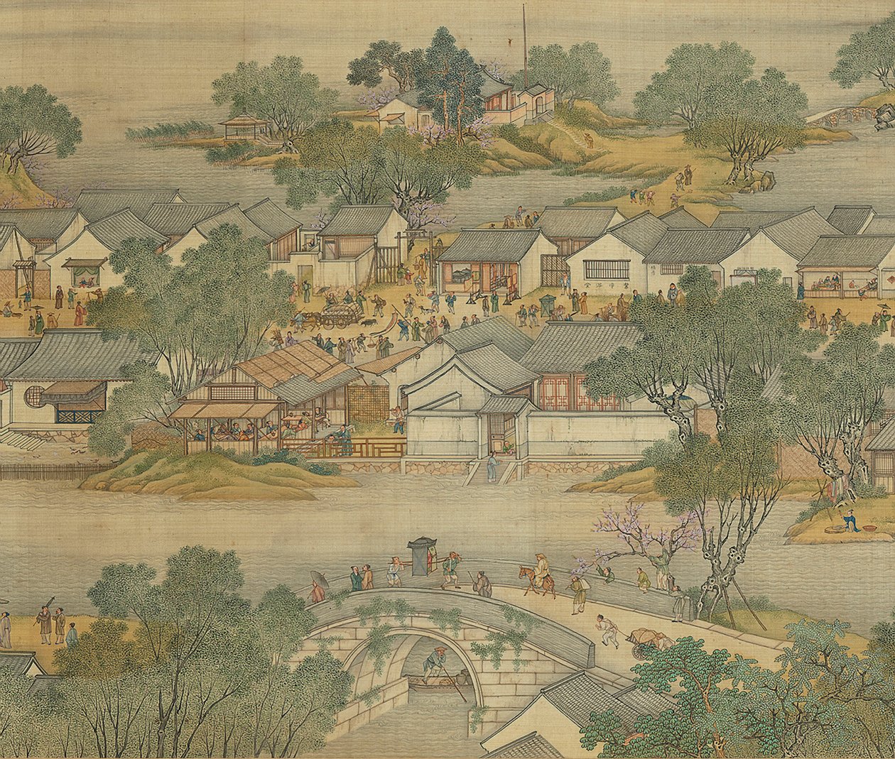 Le long de la rivière pendant le festival de Qingming, version de la cour Qing, rouleau de main, 1736 - Qing Dynasty Chinese School