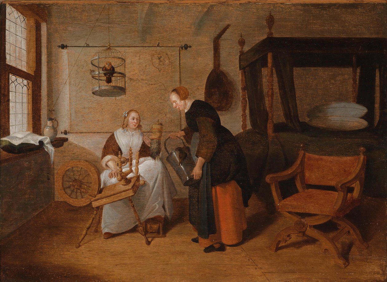 Intérieur avec une jeune femme au rouet et une servante - Quirijn van Brekelenkam