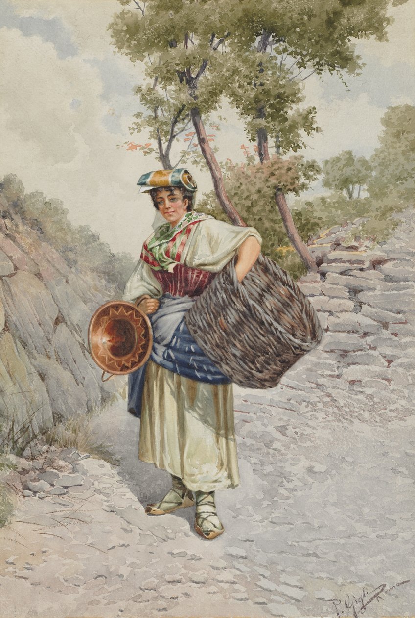 Jeune paysanne sur un chemin caillouteux - R. Gigli