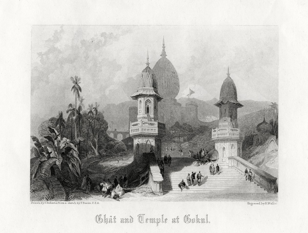 Ghat et Temple à Gokul, Inde, vers 1838 - R. Wallis