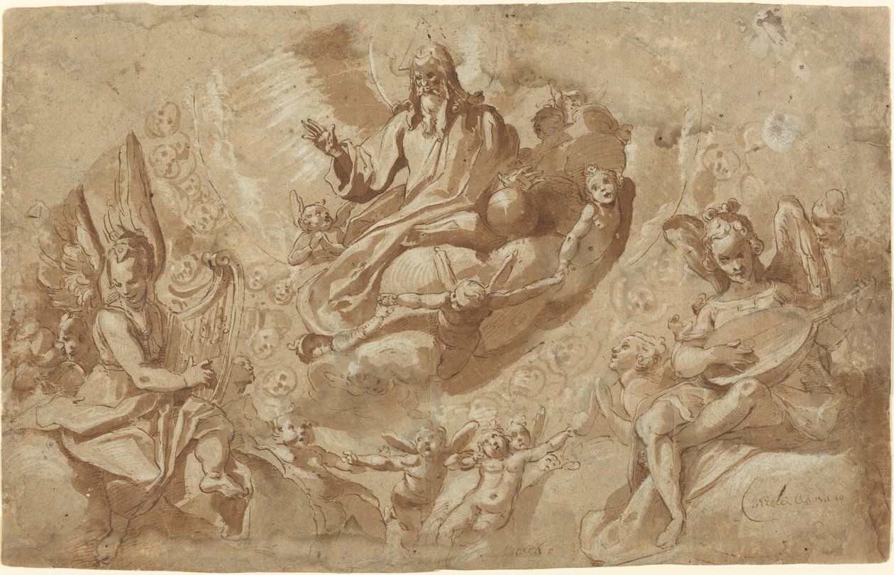 Dieu le Père et anges sur des nuages - Raffaello Motta