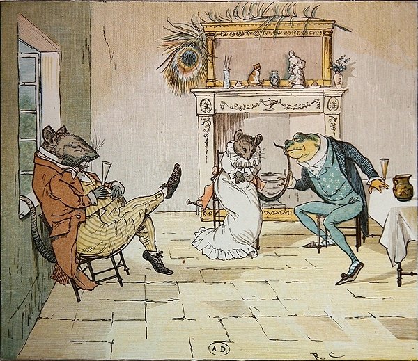 Priez, Monsieur Grenouille, nous chanterez-vous une chanson?, illustration de A Frog Who Would a Wooing Go, vers 1900 - Randolph Caldecott