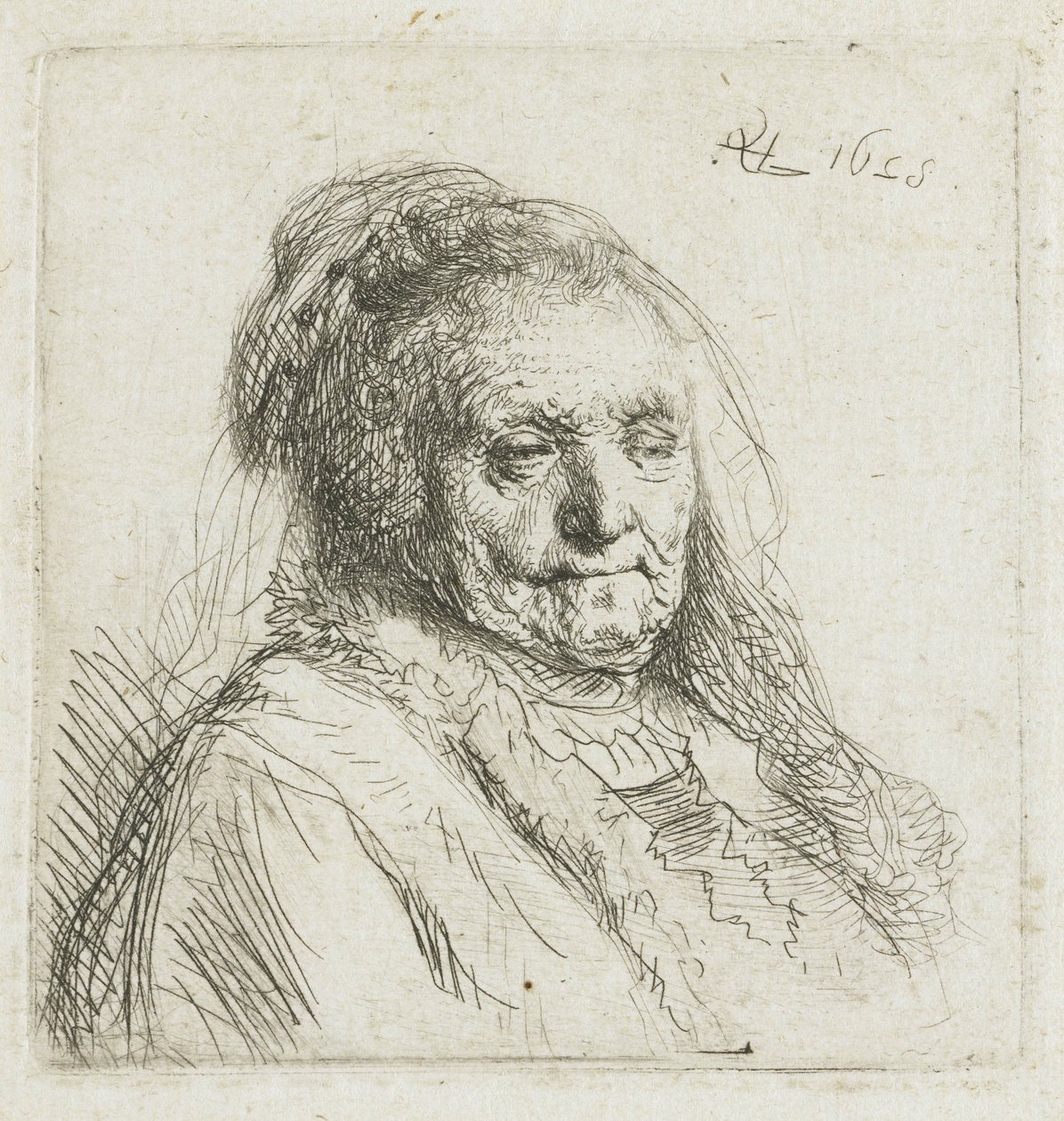 La mère de Rembrandt, tête et épaules, trois quarts à droite, 1628 - Rembrandt van Rijn