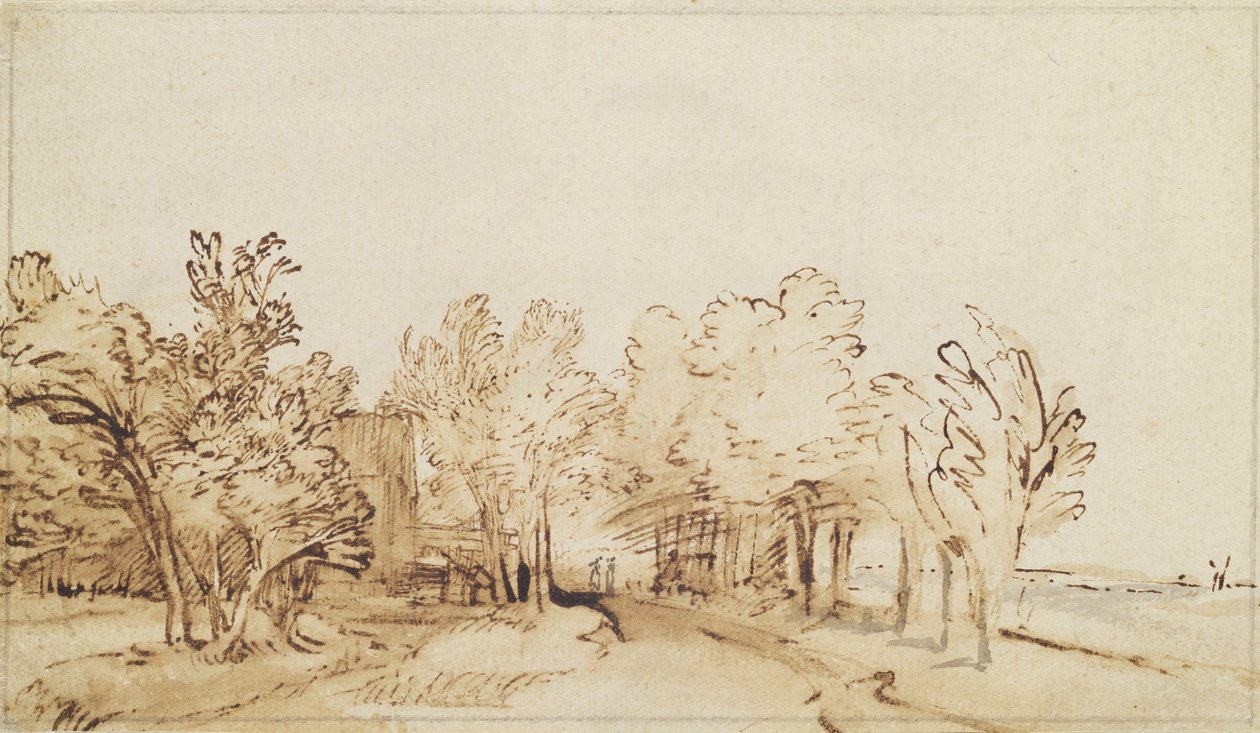 Avenue avec un sentier et une ferme à gauche - Rembrandt van Rijn