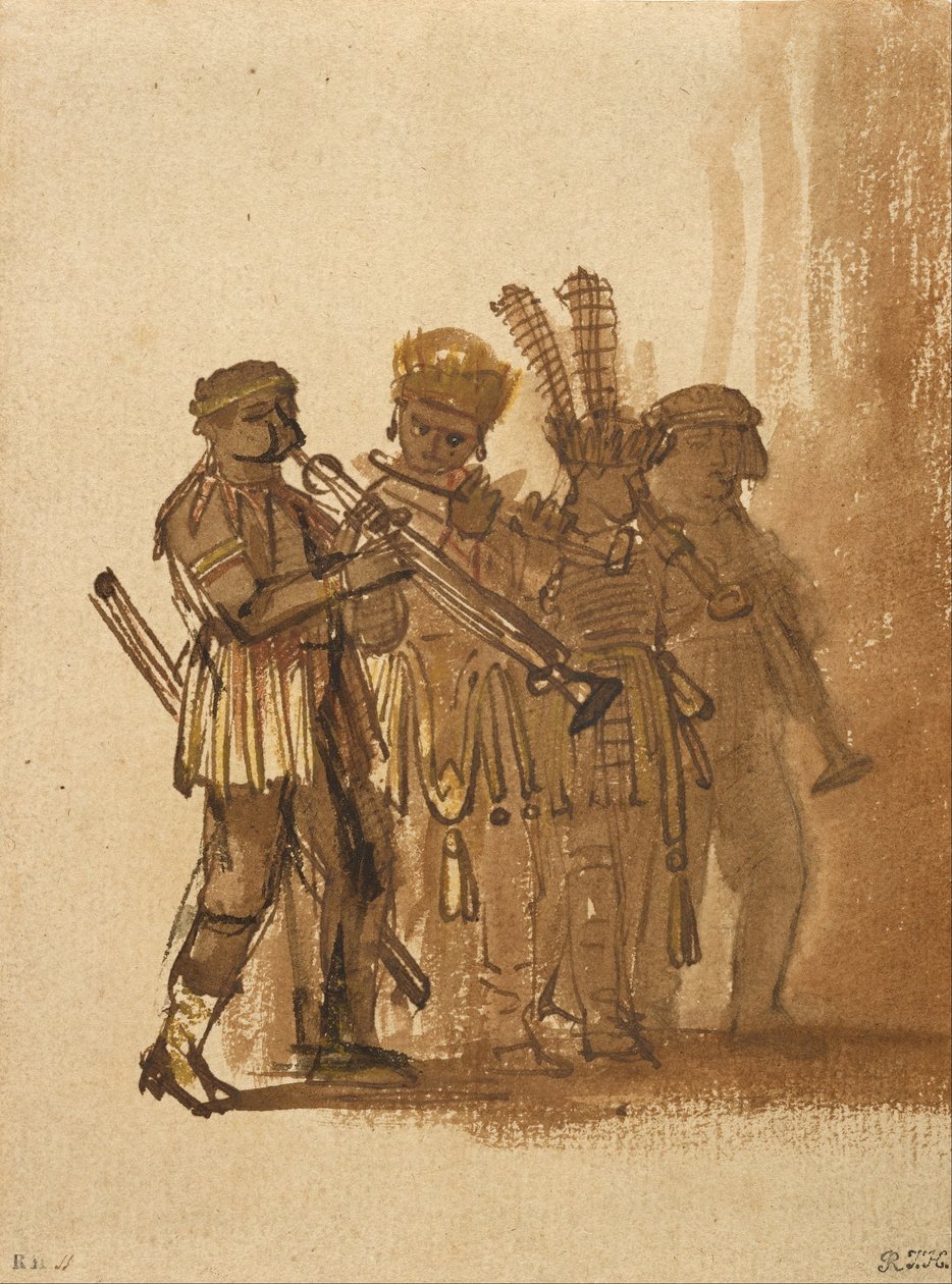 Quatre musiciens avec instruments à vent - Rembrandt van Rijn