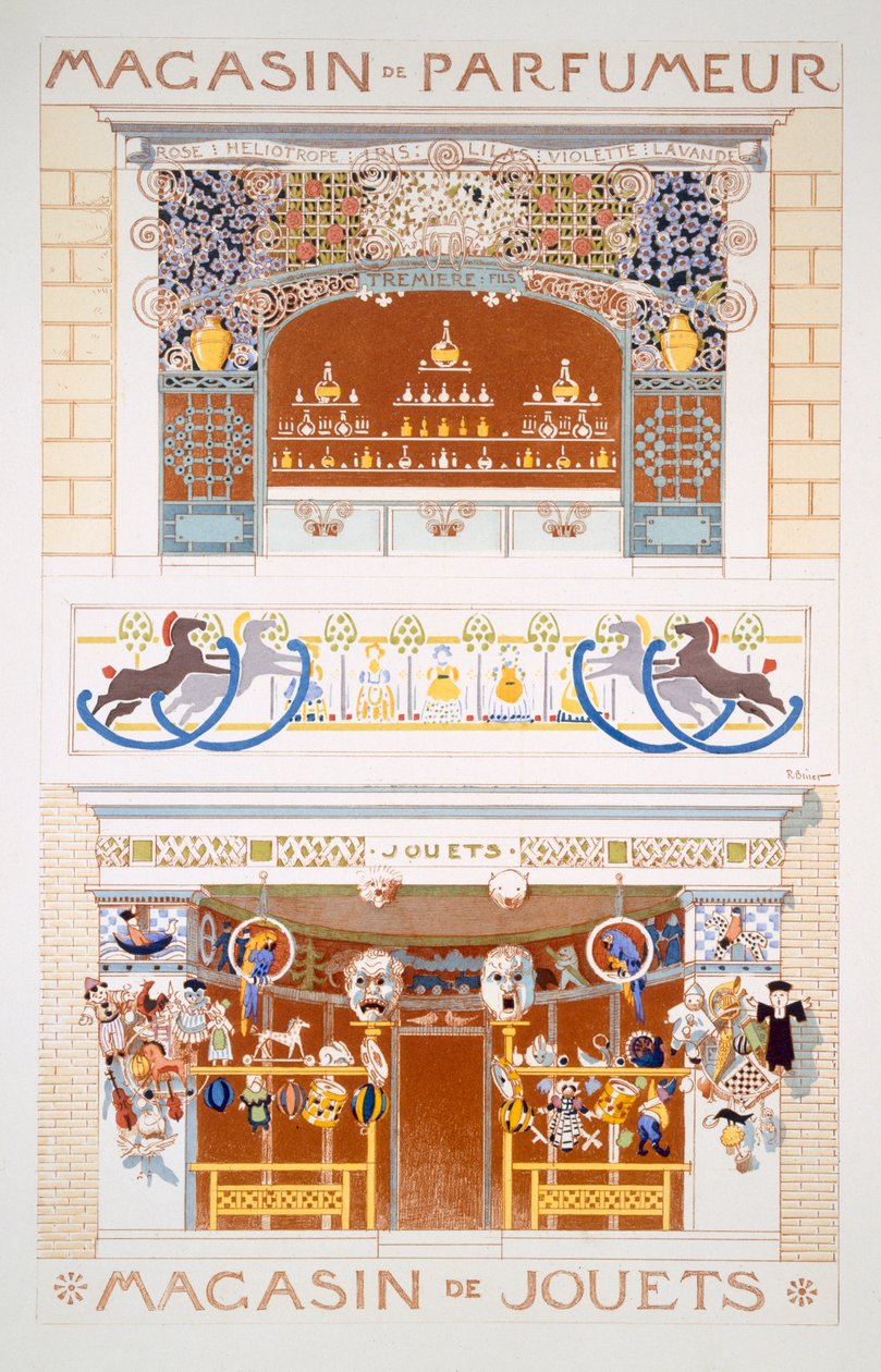 Deux Conceptions de Vitrine : Un Vendeur de Parfums et un Magasin de Jouets, c.1880-95 - Rene Binet