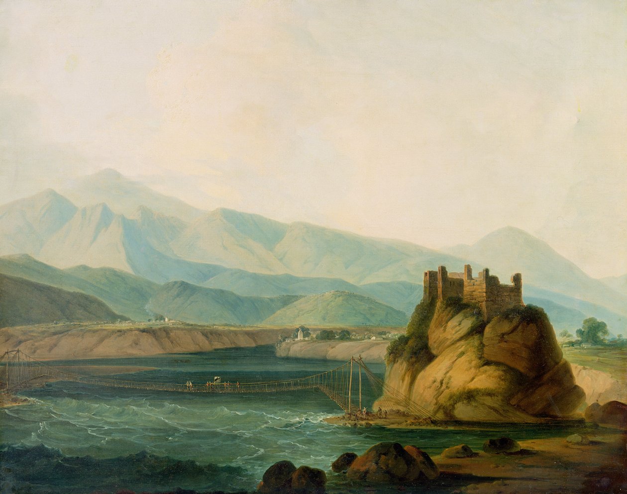 Le pont de corde à Serinagur, vers 1800 - Rev. Edward Thomas Daniell