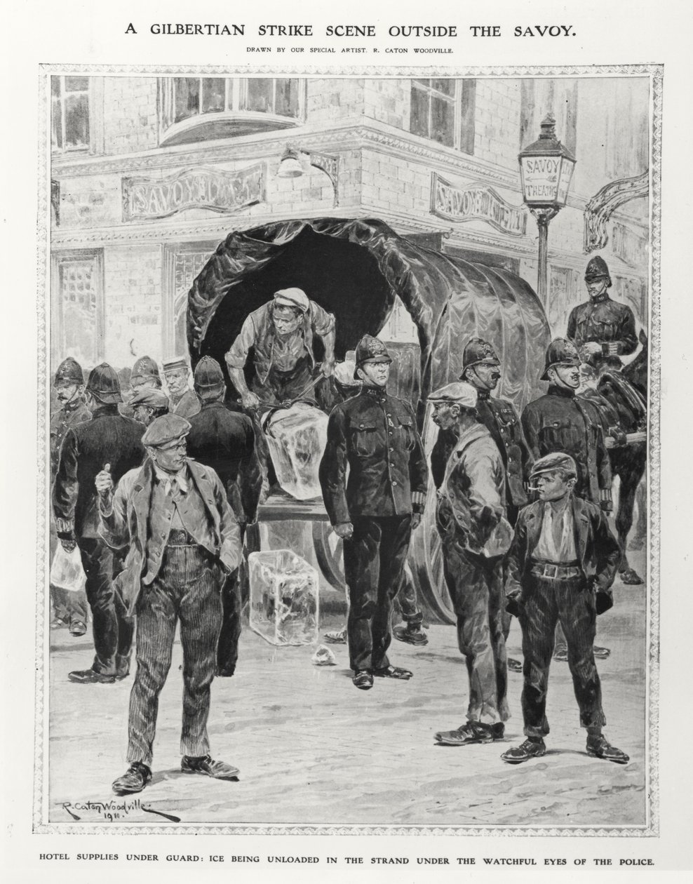 Une scène de grève gilbertienne devant le Savoy, 1910 - Richard Caton after Woodville