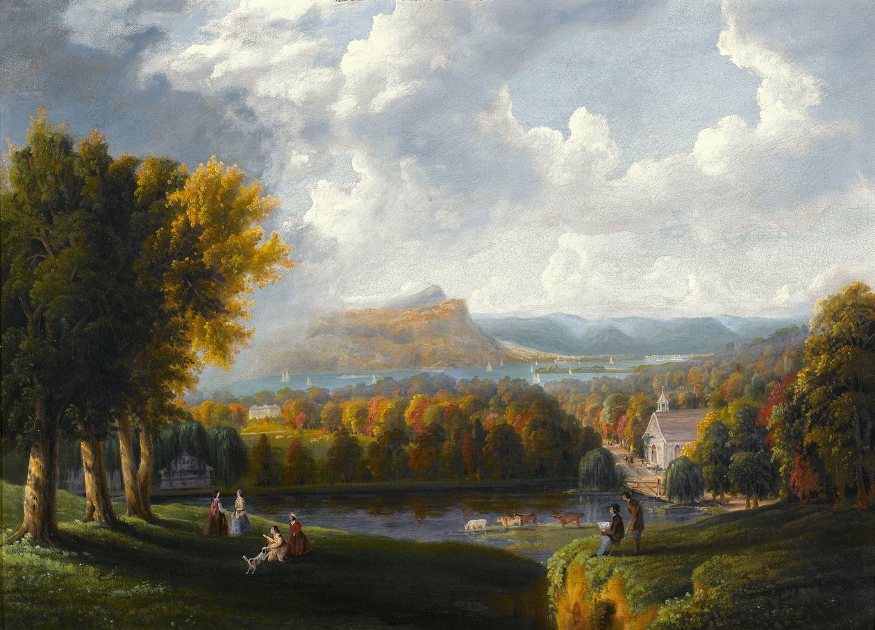 Vue de la rivière Hudson depuis Tarrytown, Vieille Église hollandaise, Maison Beekman - Robert the Younger Havell