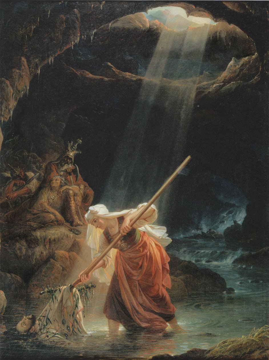 Peinture de Robert Wilhelm Ekman, La mère de Lemminkäinen à Tuonela. La mère de Lemminkäinen ratisse le corps de son fils de la rivière Tuonela - Robert Wilhelm Ekman