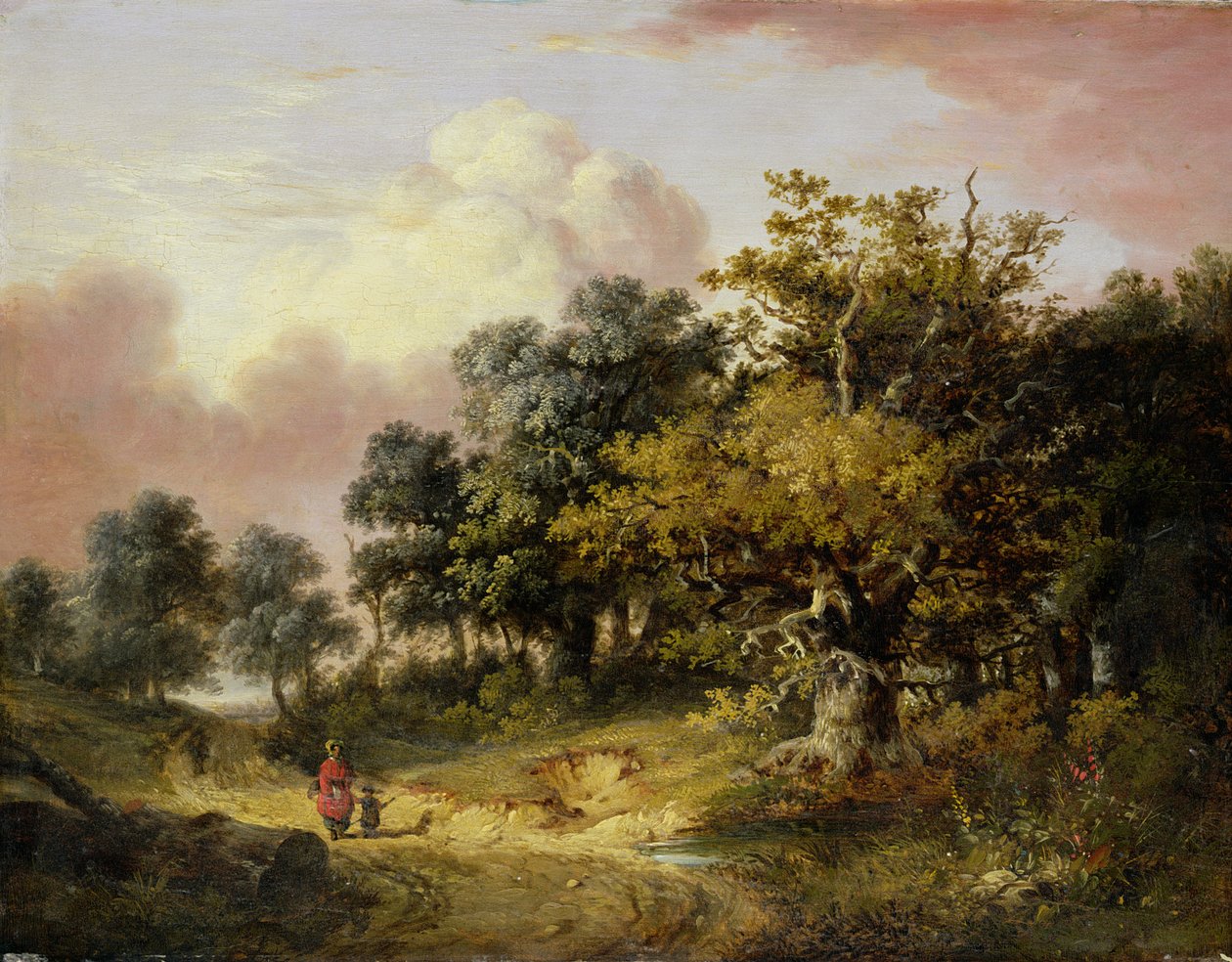 Paysage boisé avec femme et enfant marchant sur une route - Robert Ladbrooke