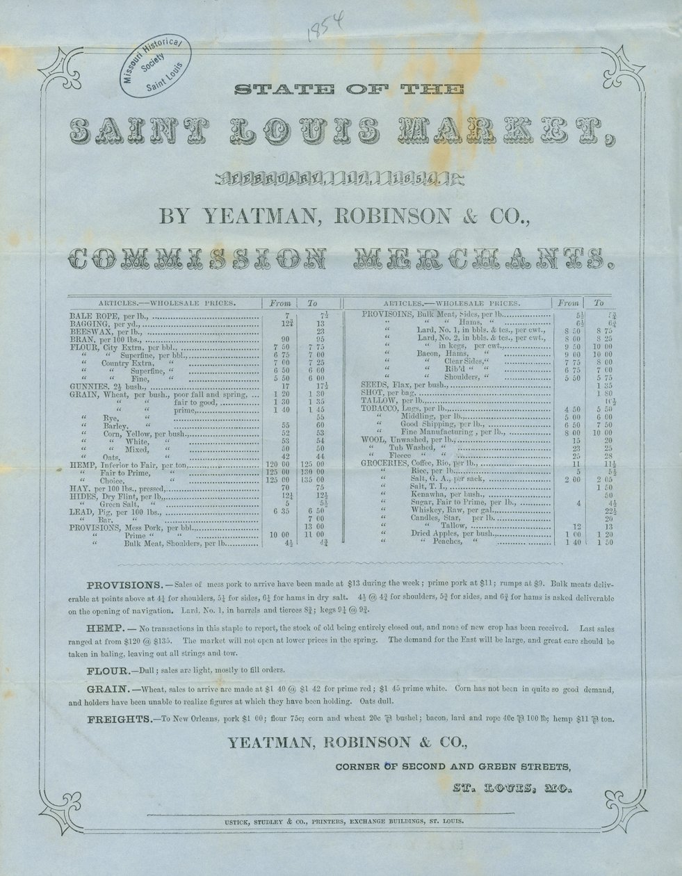 Liste des prix de gros pour divers articles au marché - Robinson and Co. Yeatman