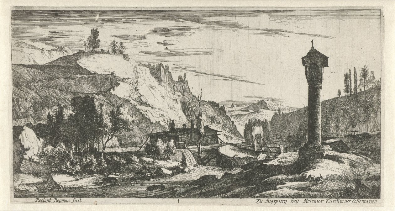 Paysage montagneux avec colonne - Roelant Roghman