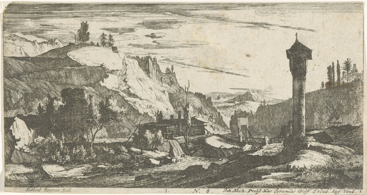 Paysage montagneux avec colonne - Roelant Roghman