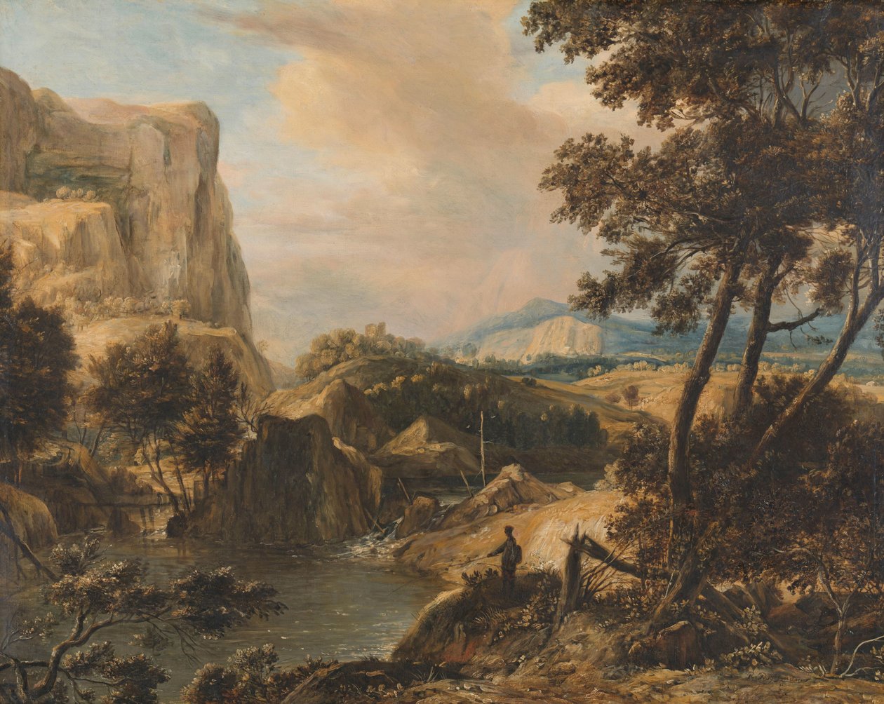 Paysage montagneux avec pêcheur - Roelant Roghman