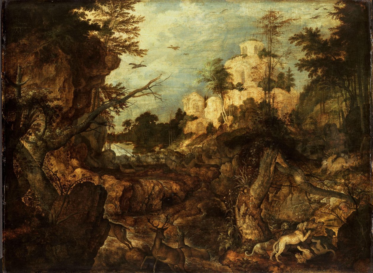Chasse au sanglier dans un paysage rocheux - Roelant Savery