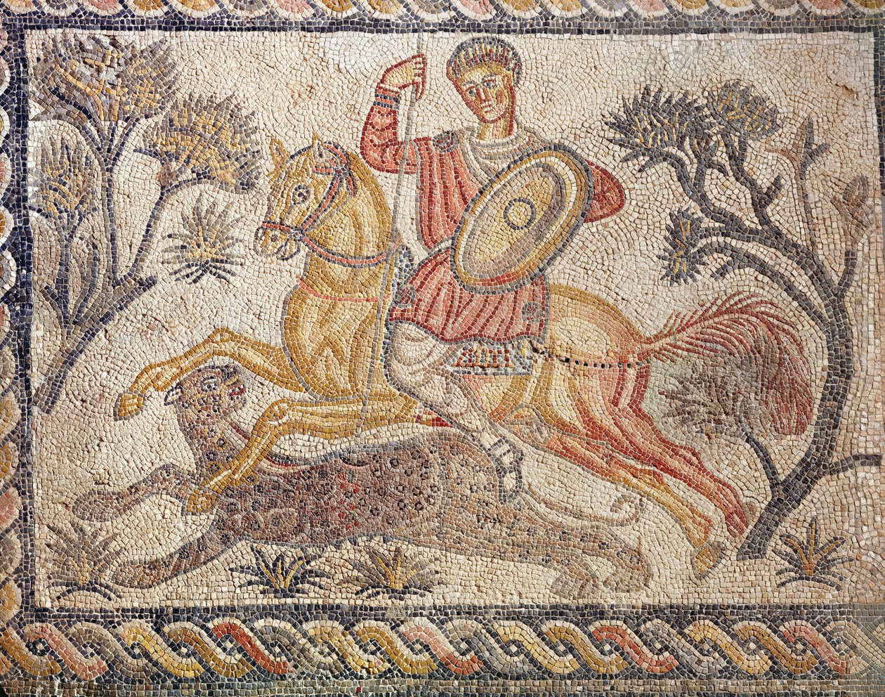 Mosaïque représentant une chasse au léopard, de la Villa de las Tiendas, c.326-400 - Roman