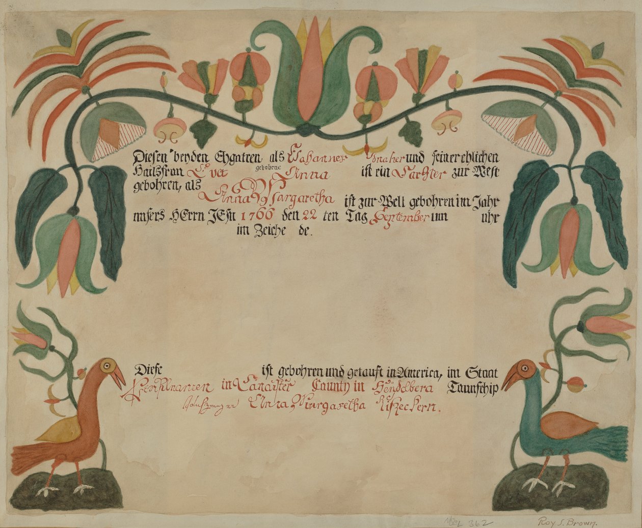 Certificat de naissance et de baptême allemand de Pennsylvanie - Roy S. Brown