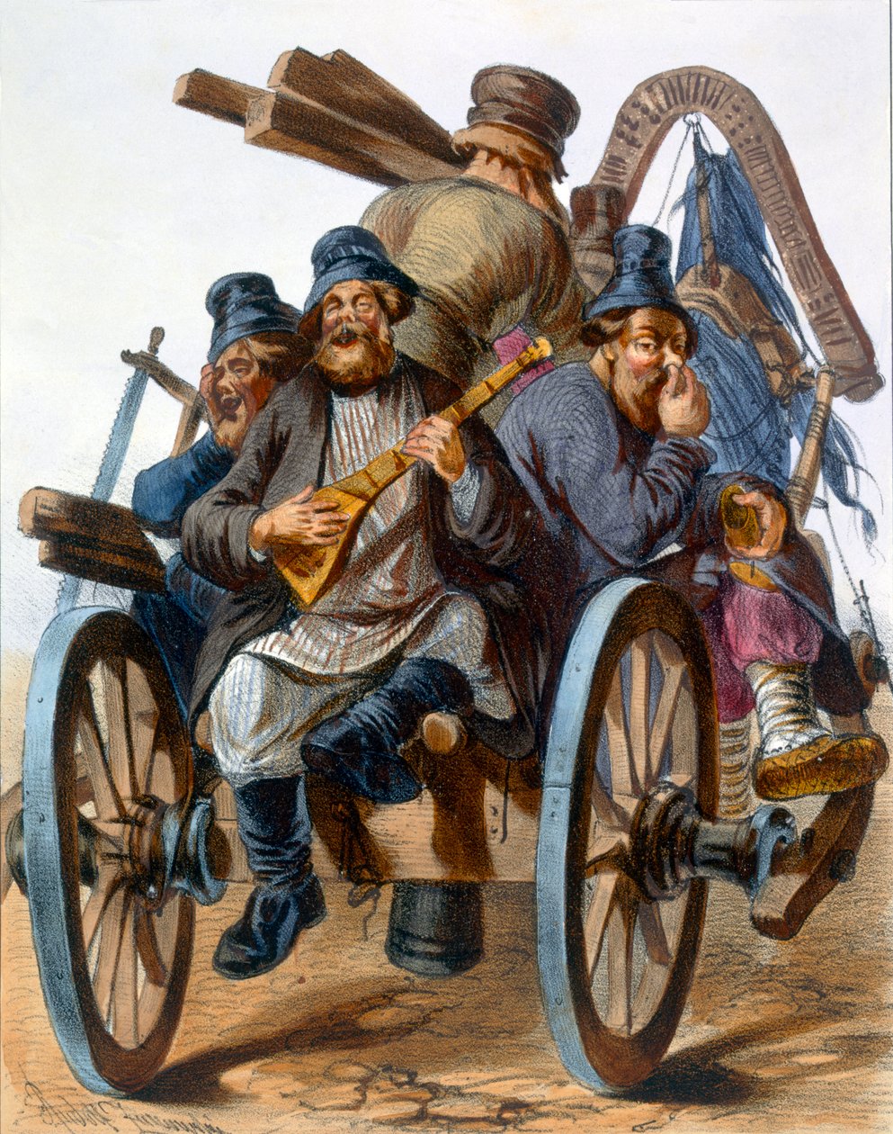 Groupe de paysans ivres chantant en rentrant chez eux sur une charrette, 1843 - Rudolf Jukowsky