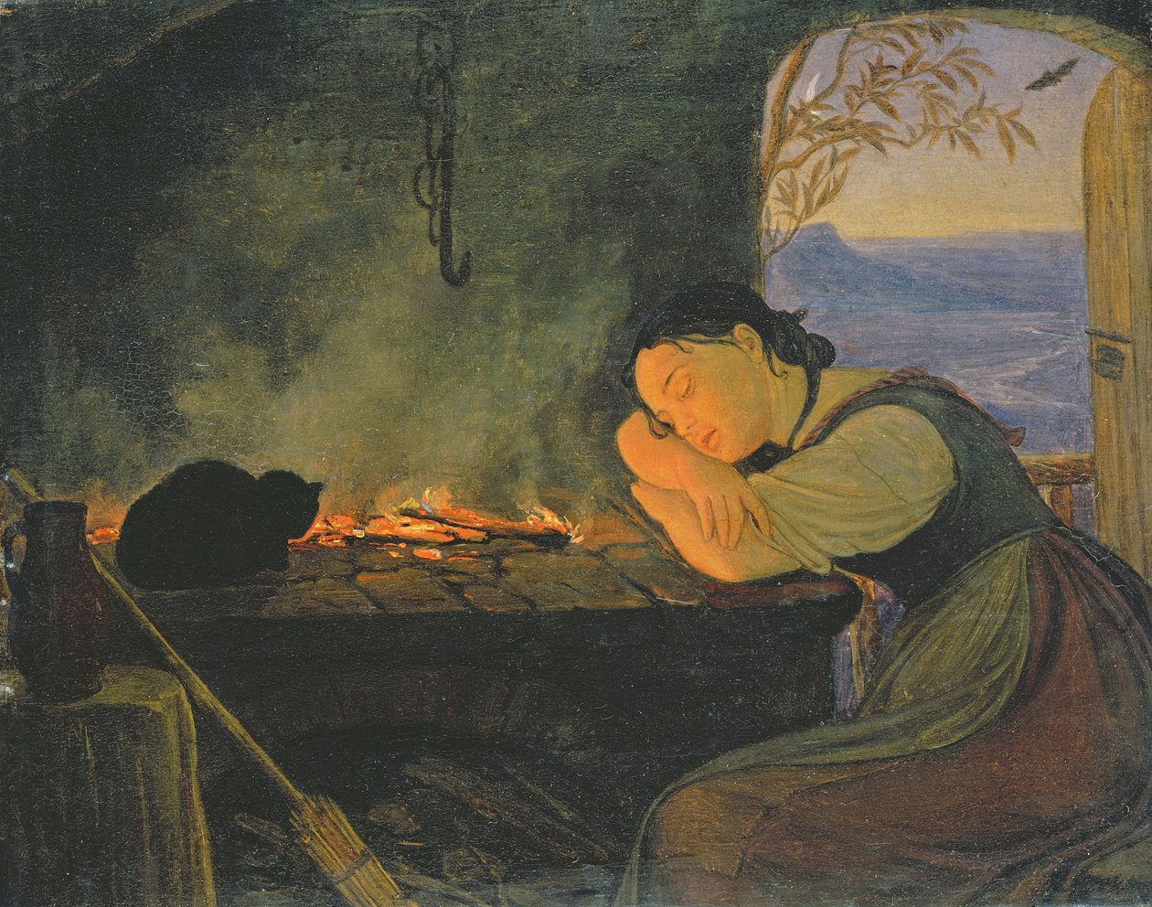 Fille dormant près du feu, 1843 - Rudolph Friedrich Wasmann