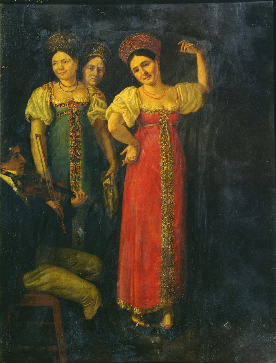 Violoniste et trois femmes dansant - Russian School