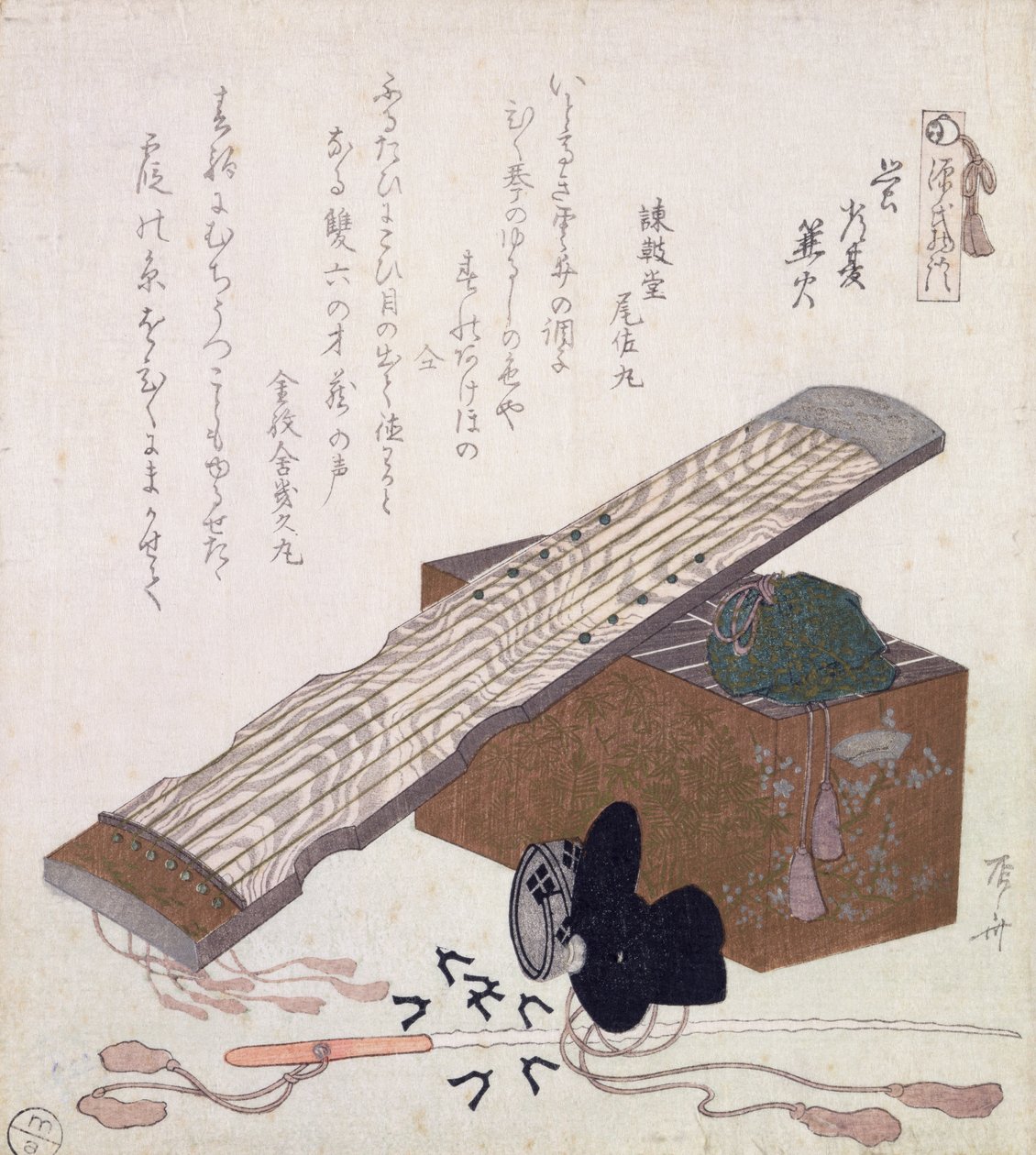 Nature morte avec un koto, c.1810 (impression sur bois en couleur) - Ryuryukyo Shinsai