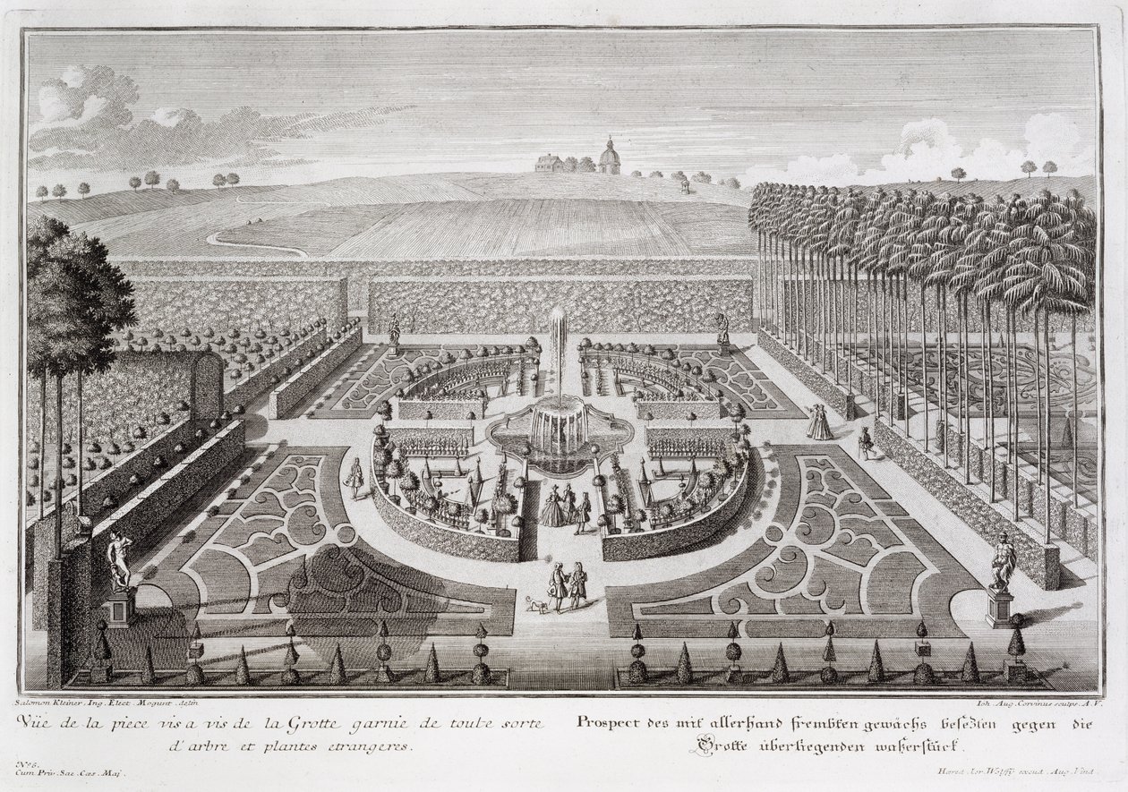 Vue du jardin topiaire à côté de la grotte, Geibach, gravée par Johann August Corvinus, publiée en 1728 - Salomon Kleiner