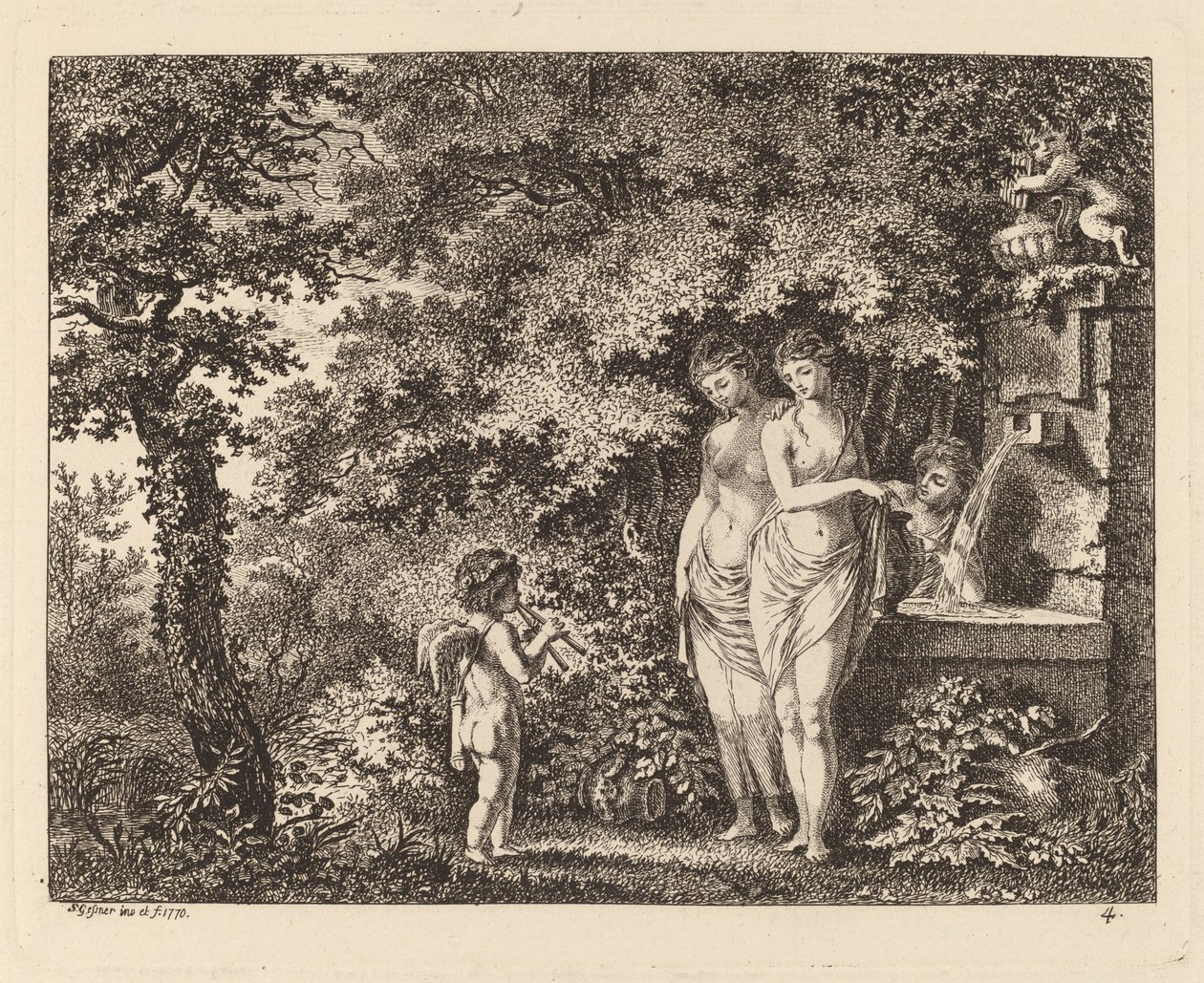 Éros avec trois filles à une fontaine - Salomon Gessner
