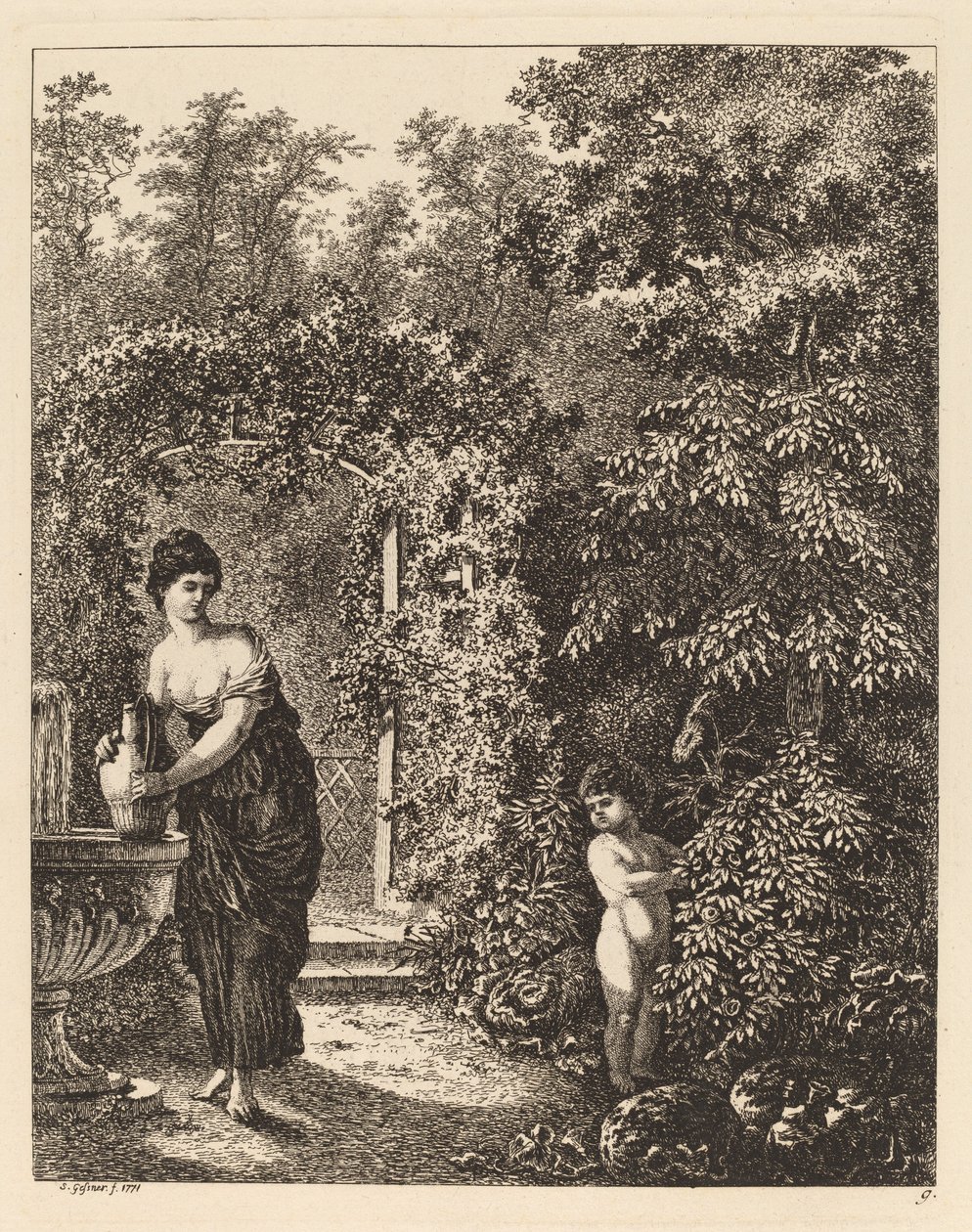 Putto visitant une fille à une fontaine - Salomon Gessner
