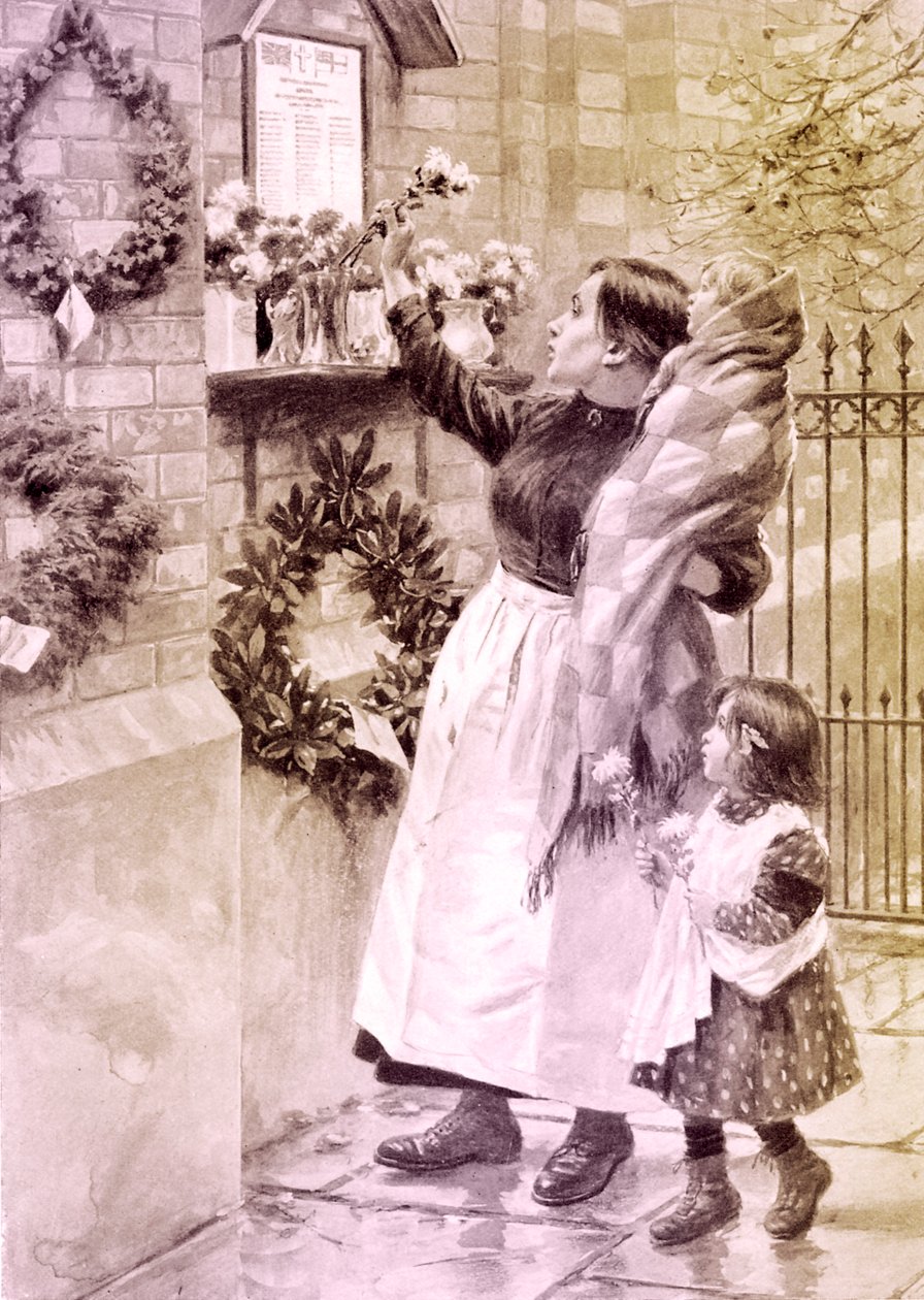 Première Guerre mondiale : mère et enfants déposant des fleurs à un monument aux morts - Samuel Begg