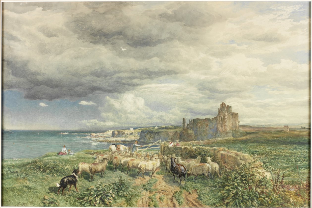 Côte avec château, moutons et berger - Samuel Bough