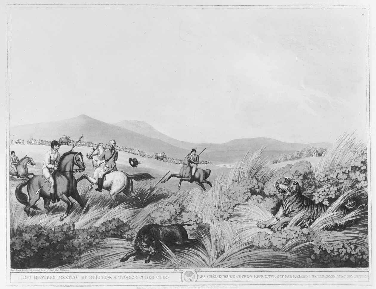 Chasseurs de sangliers rencontrant par surprise une tigresse et ses petits, gravé par H. Merke d