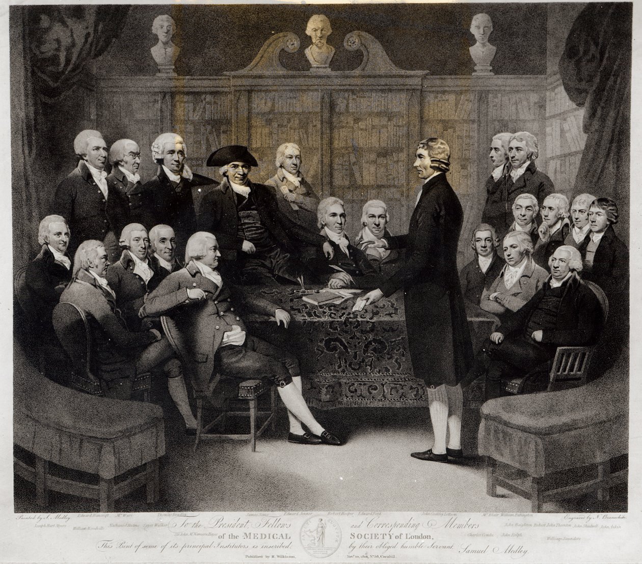 Portrait de groupe du président, des membres et des membres correspondants de la Société médicale de Londres, gravé par Nathan Cooper Branwhite (1775-1857), publié par R. Wilkinson, 1801 - Samuel Medley