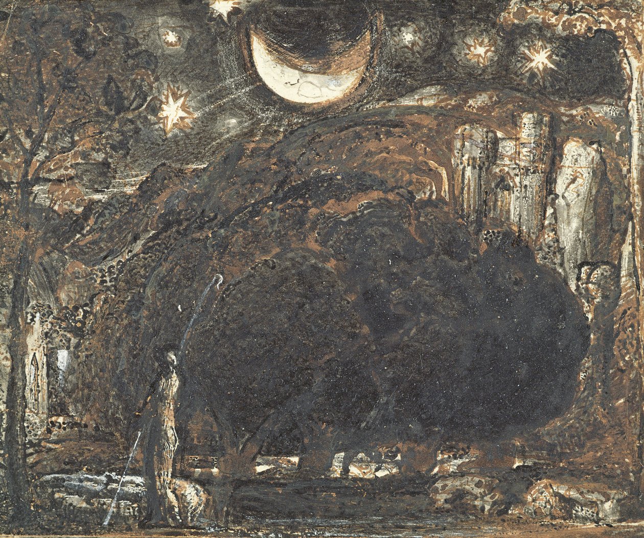 Un berger et son troupeau sous la lune et les étoiles, c.1827 - Samuel Palmer