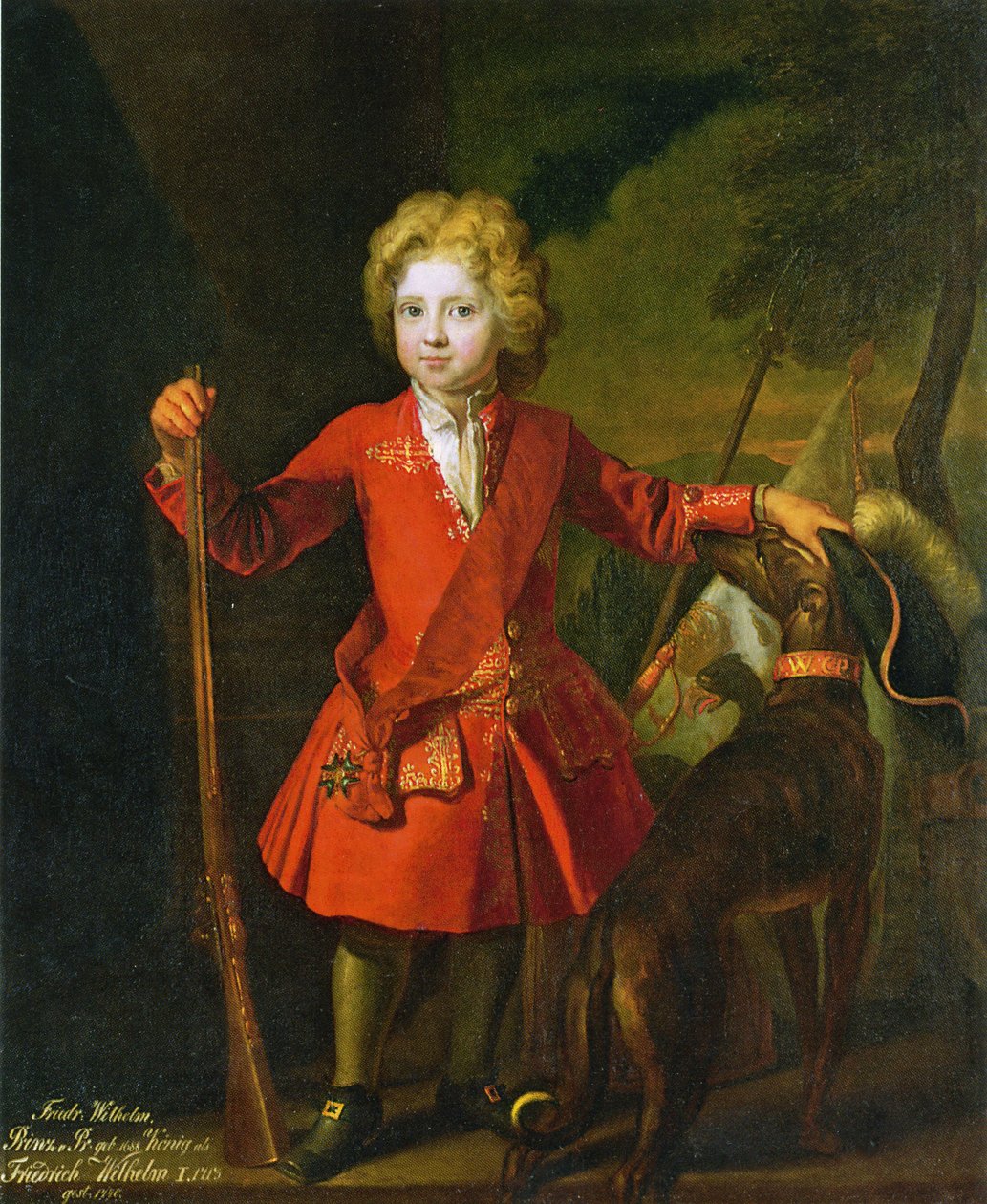 Frédéric-Guillaume Ier de Prusse enfant en manteau de chasse rouge et portant sur une écharpe l