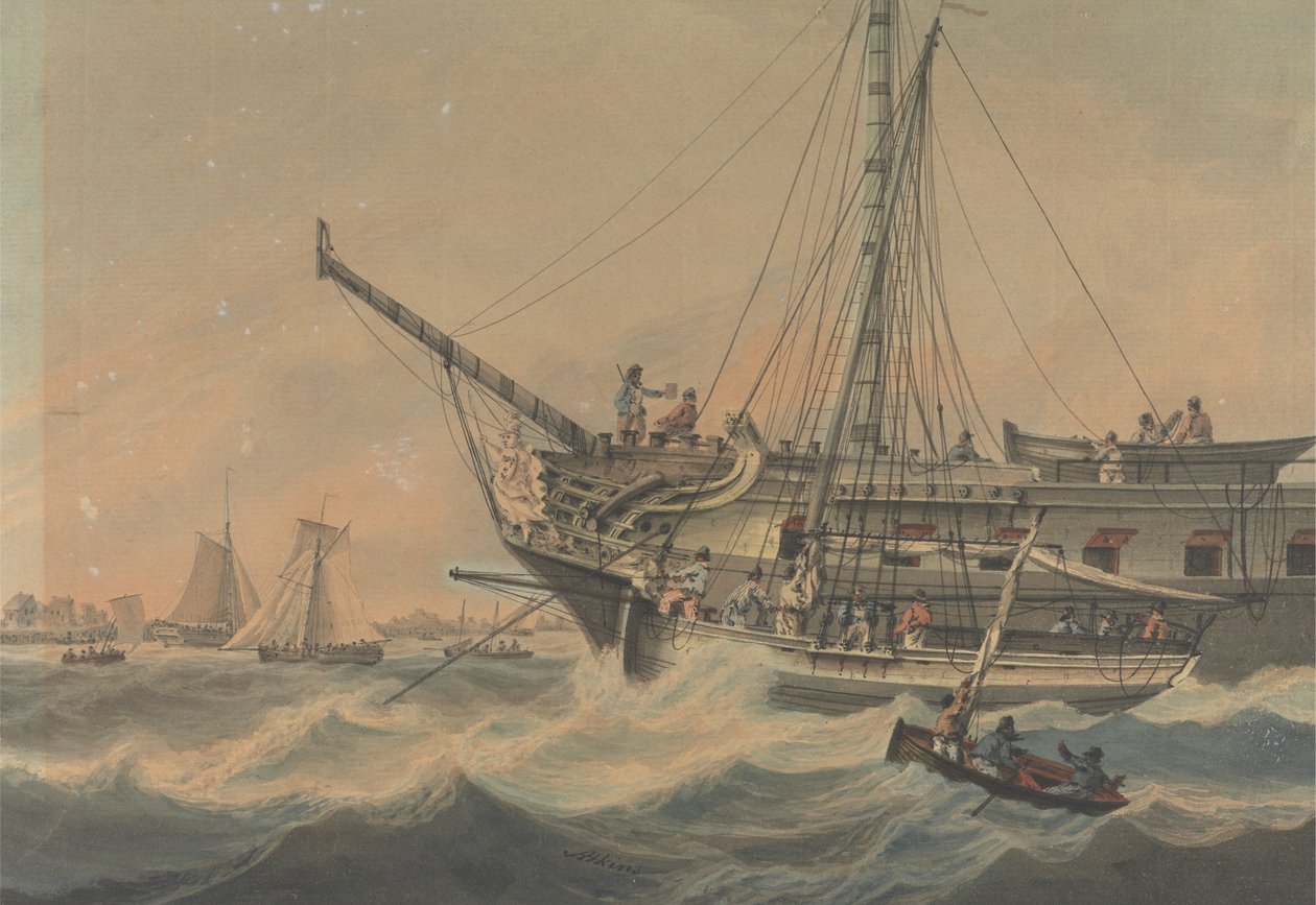 Navire de guerre et navigation au large de la côte - Samuel Atkins
