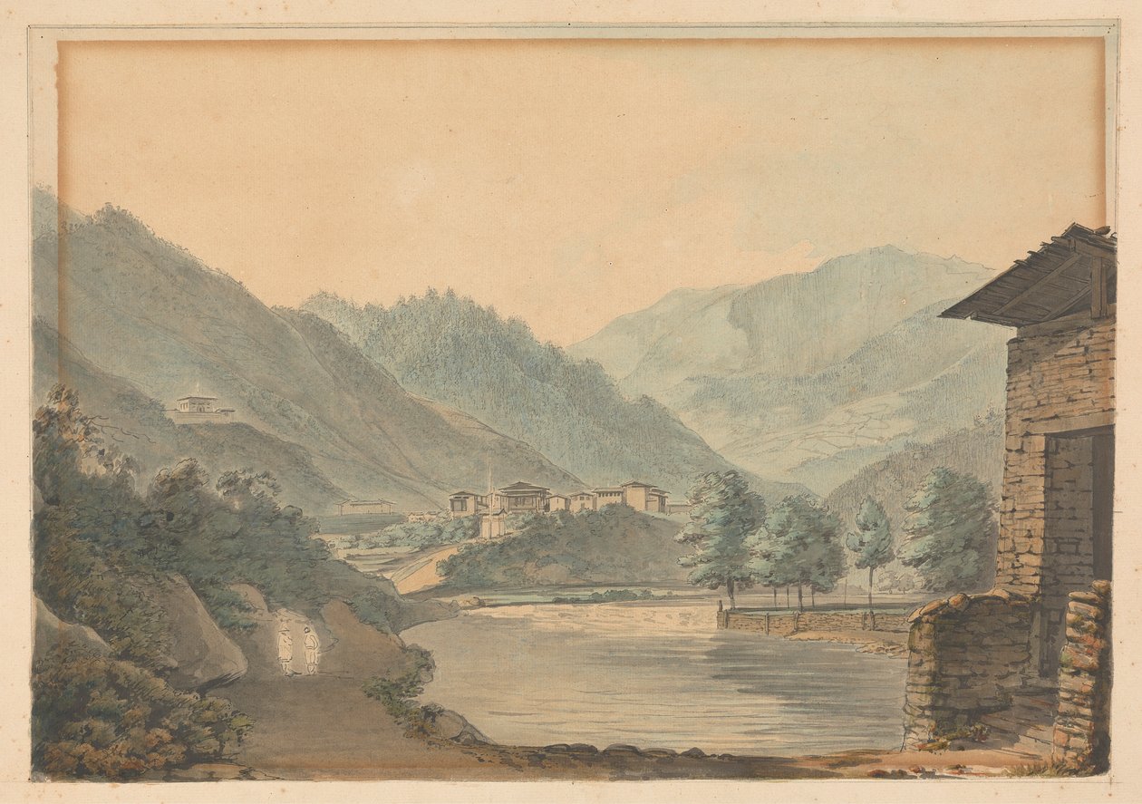 Scène montagneuse avec bâtiments et rivière - Samuel Davis