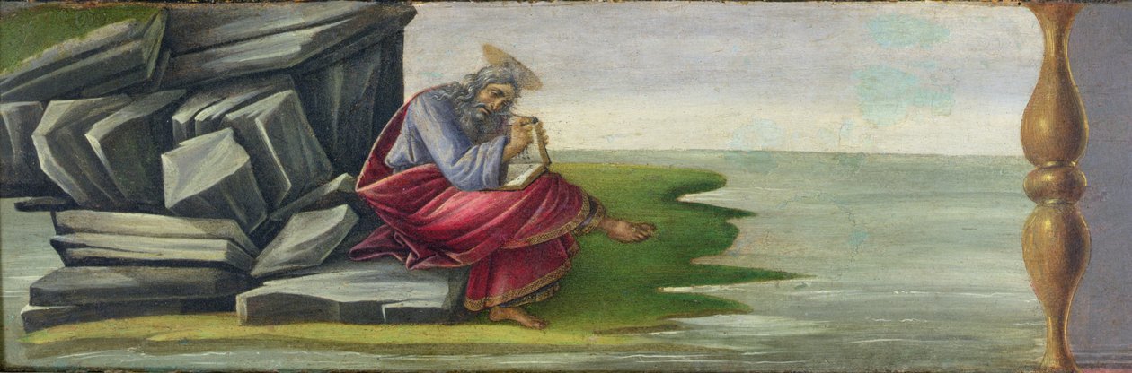 Saint Jean le Divin à Patmos, Écrivant le Livre des Révélations, panneau de prédelle du Retable de Saint Marc, c.1488-90 (tempera sur panneau) - Sandro Botticelli