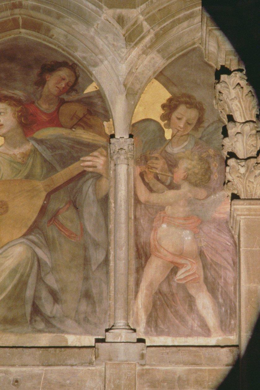 Anges musiciens dans un cloître en trompe-l
