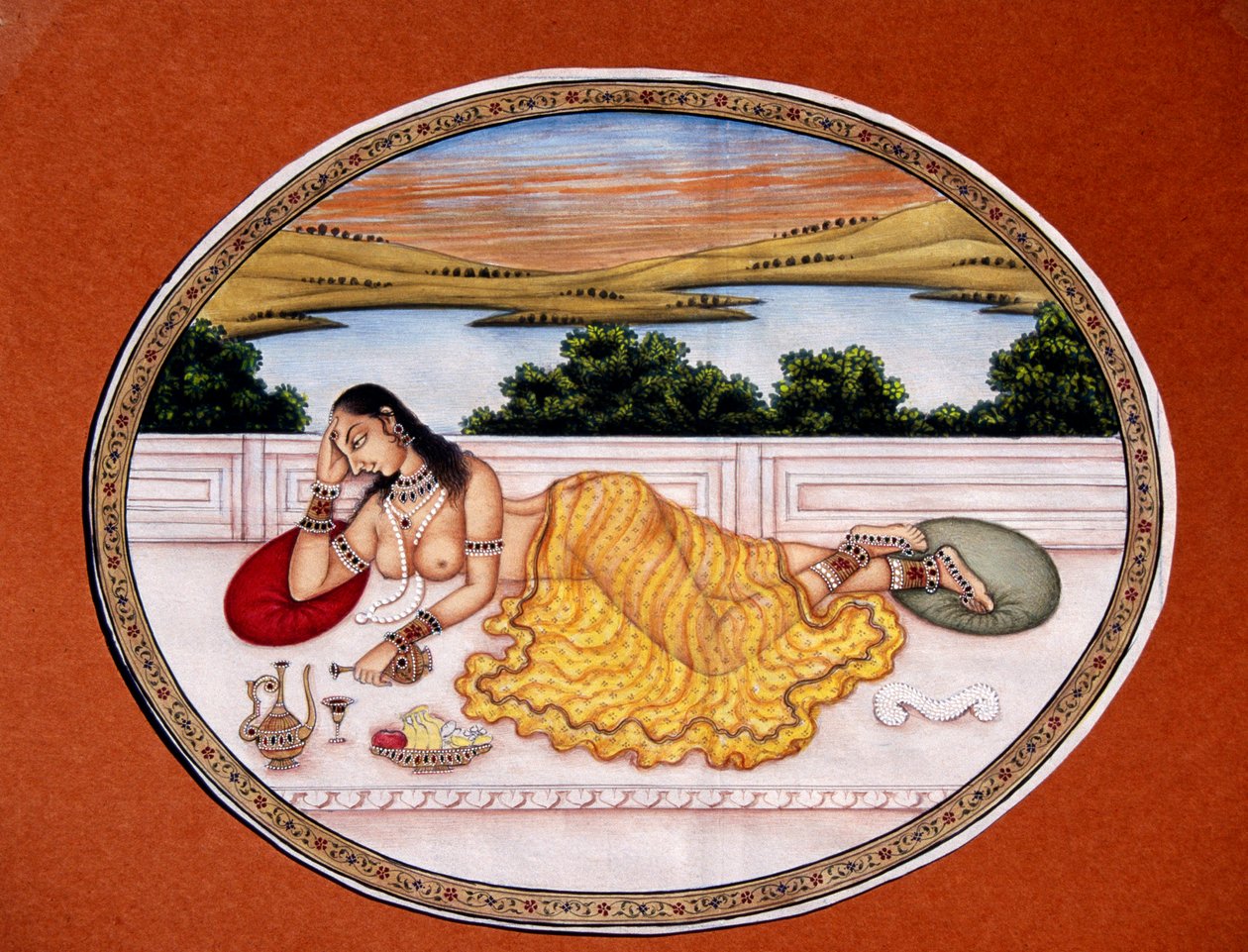 Dame Appréciant une Boisson Peinture Miniature sur Papier - School Indian