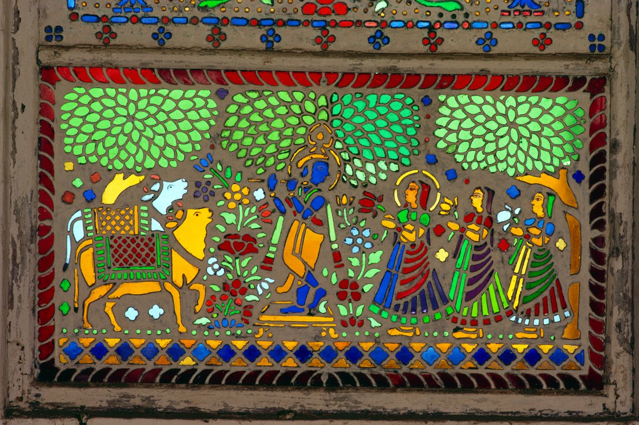 Radha Krishna avec Sakhi sur vitrail - School Indian