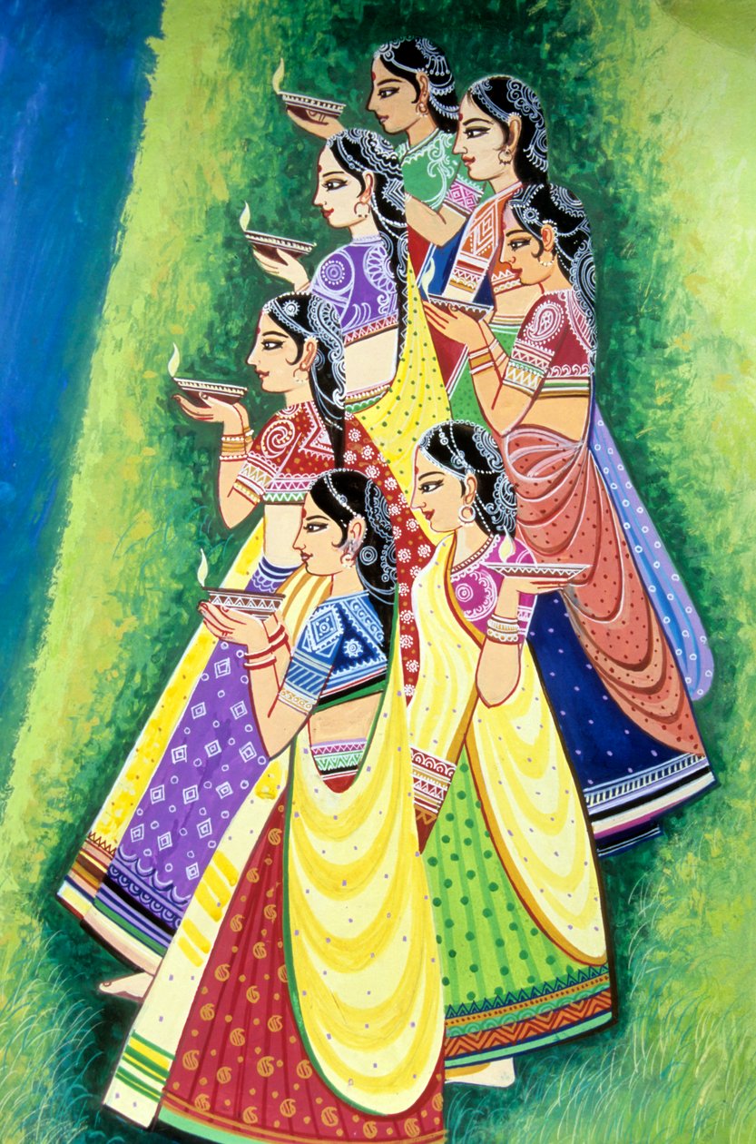 Femme tenant une lampe à huile, peinture miniature, Inde - School Indian