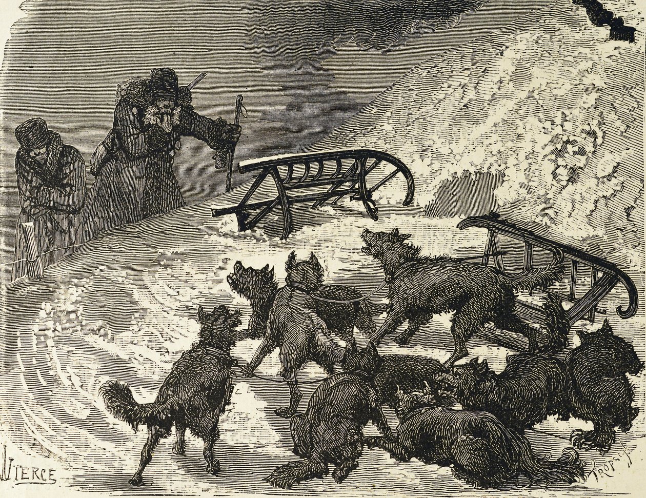 Sibérie. Traîneau renversé, artiste russe (gravure) - School Russian