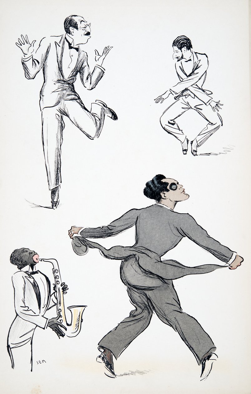 Trois gentlemen en cravate noire exécutent des mouvements du Charleston au son d