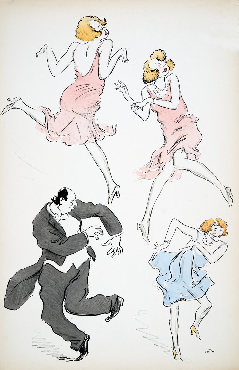 Trois illustrations de travestis en robes bleues et roses dansant avec un grand monsieur en cravate blanche, de White Bottoms, pub. 1927 - Sem