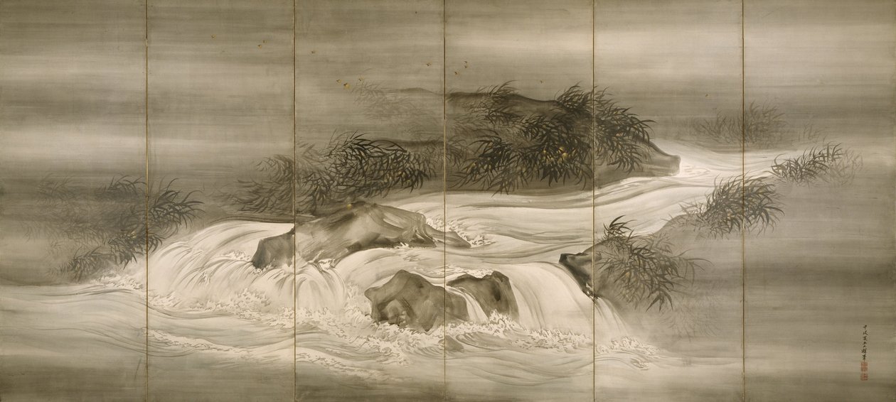 Paysage fluvial avec lucioles - Shiokawa Bunrin