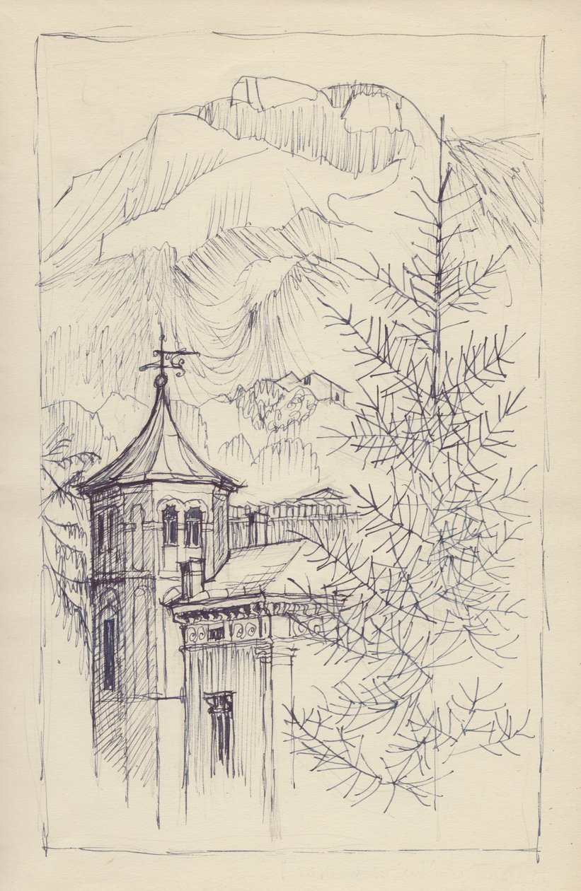 Église et montagnes, Italie, vers 1950 - Shirley Markham