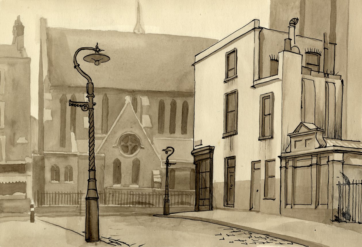 Lampadaire et église, vers 1951 - Shirley Markham